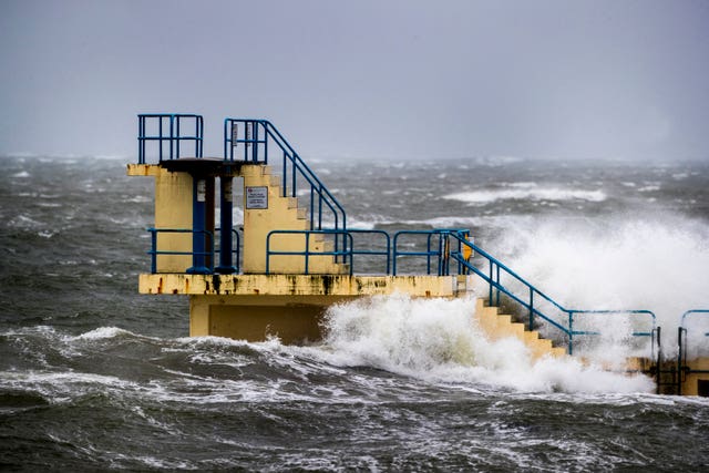 Blackrock Diving Tower in Salthill Co Galway is battered by waves