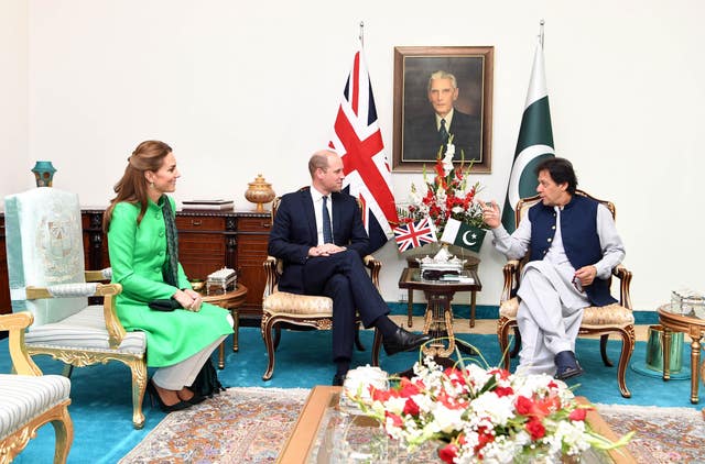 The Duke and Duchess of Cambridge with the Prime Minister of Pakistan Imran Khan at his official residence in Islamabad