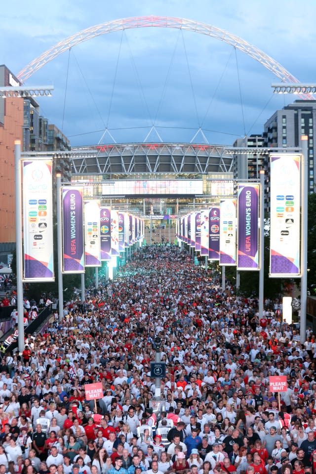 England fans make their way from the stadium after the UEFA Women’s Euro 2022 final at Wembley Stadium, London. 