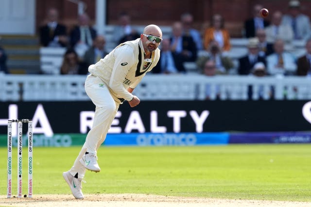 Nathan Lyon bowling for Australia in the World Test Championship final at Lord's