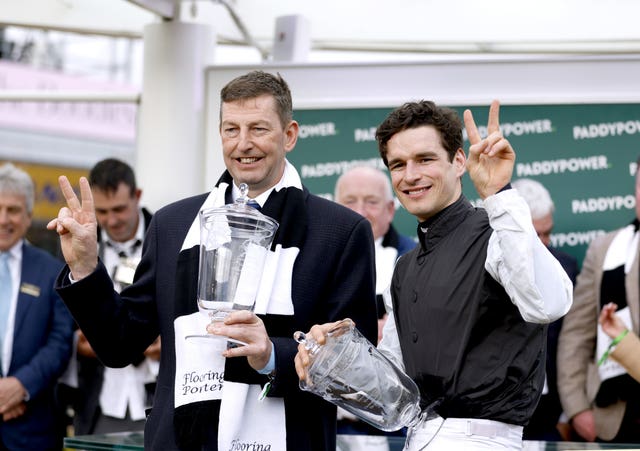 Gavin Cromwell (left) and jockey Danny Mullins celebrate after Flooring Porter's second Stayers' Hurdle success 