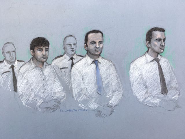 Court artist sketch by Elizabeth Cook of Henry Long, 19, Albert Bowers, 18, and Jessie Cole, 18 (Elizabeth Cook/PA)