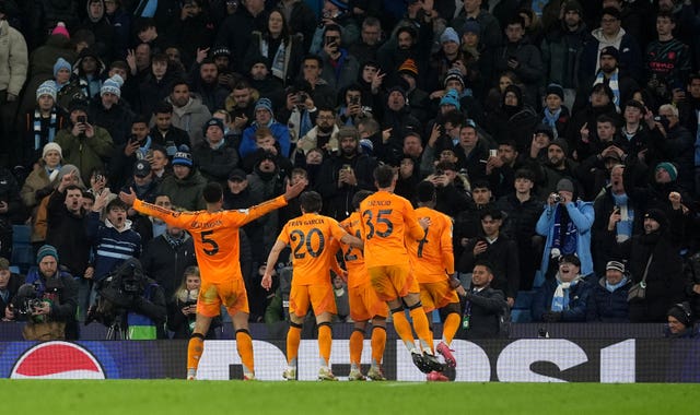 Real Madrid’s Jude Bellingham celebrates scoring a late winner against Manchester City