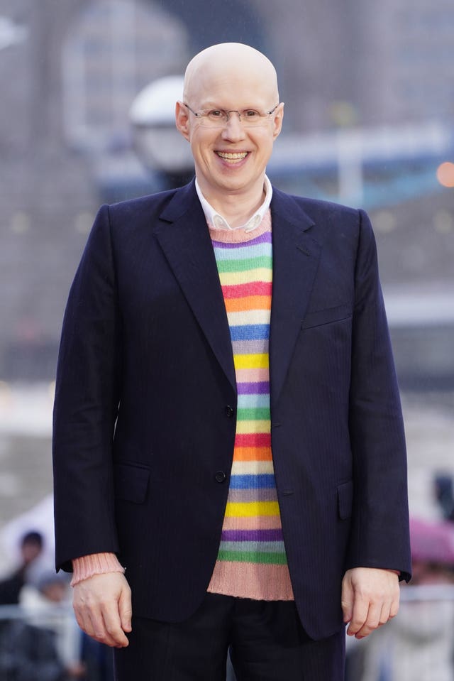 Matt Lucas wearing a stripy jumper and dark-coloured jacket