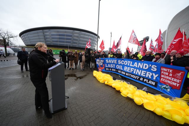 Unite general secretary Sharon Graham speaks at a demonstration to protest at Petroineos plans to close Grangemouth oil refinery, during the Scottish Labour Party conference at the Scottish Exhibition Centre (SEC) in Glasgow