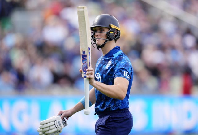 England v West Indies – First Men’s ODI – EdgbastonEngland’s Jacob Bethell raises his bat to the crowd 