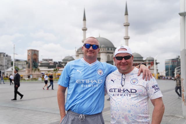 Left to right, Manchester City fan Brian Tilley and Tim Jones in Taksim Square, Istanbul, ahead of Saturday’s Champions League final between Manchester City and Inter Milan at the Ataturk Olympic Stadium