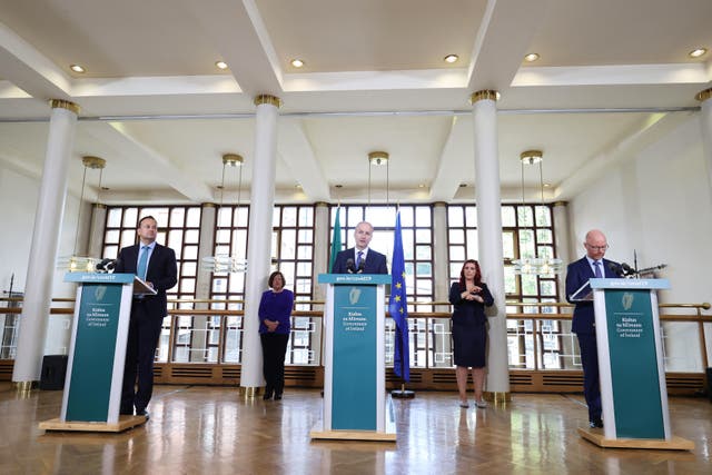 From left, Tanaiste Leo Varadkar, Taoiseach Micheal Martin and Minister for Health, Stephen Donnelly