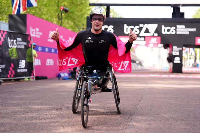 Marcel Hug in his racing wheelchair and helmet 