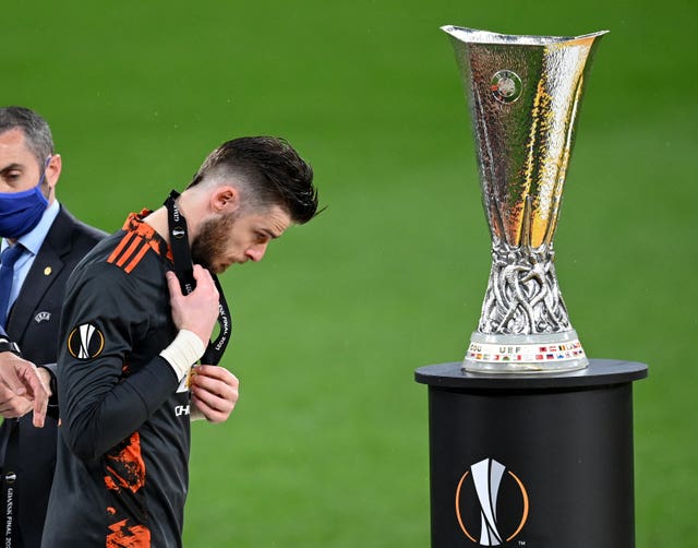 David de Gea walks past the Europa League trophy in Gdansk