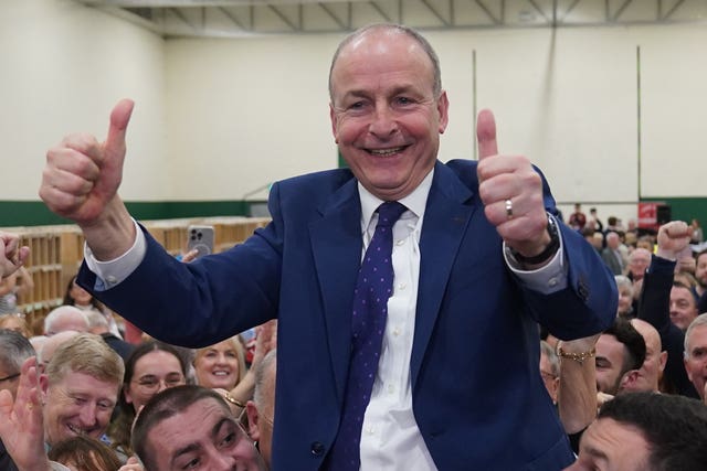 Fianna Fail leader Micheal Martin celebrates (Jacob King/PA)