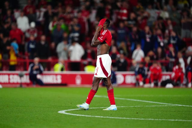 Taiwo Awoniyi reacts to his missed penalty