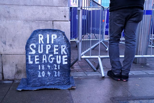 Chelsea fans place a grave headstone outside the ground which reads RIP Super League