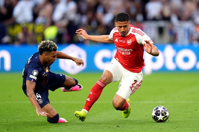 William Saliba, right, during Arsenal's Champions League final defeat to Paris St Germain