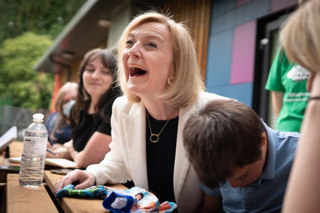 Foreign Secretary and Tory leadership candidate Liz Truss speaks to the press during a visit to the children’s charity Little Miracles in Peterborough 