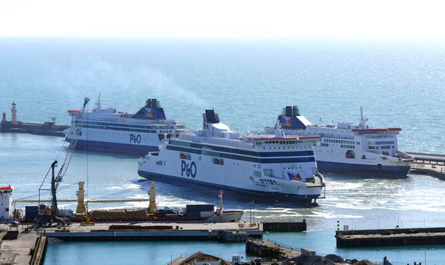 Three P&O Ferries moor up in the cruise terminal at the Port of Dover in Kent as the company suspended sailings 