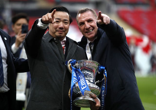 Leicester chairman Khun Aiyawatt Srivaddhanaprabha and Brendan Rodgers