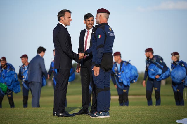 French President Emmanuel Macron and Prime Minister Rishi Sunak joined G7 leaders as they gathered to watch a parachute drop at San Domenico Golf Club in Fasano, Italy 