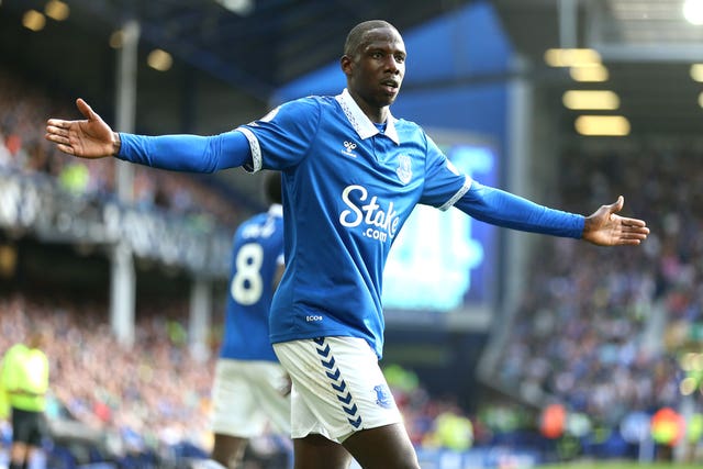 Abdoulaye Doucoure celebrates scoring Everton's third goal, which was checked by VAR