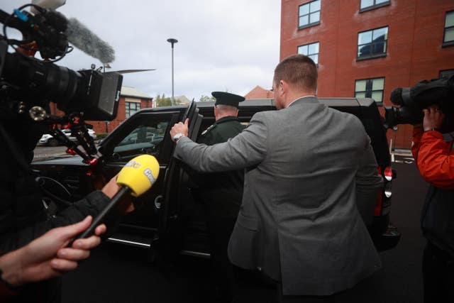 Police Service of Northern Ireland Chief Constable Simon Byrne leaves James House in Belfast after a special meeting of the Policing Board