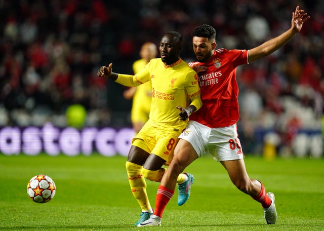 Naby Keita, left, and Benfica’s Goncalo Ramos battle for the ball