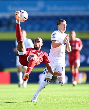 Fulham’s Denis Odoi pulls off an overhead kick at Elland Road