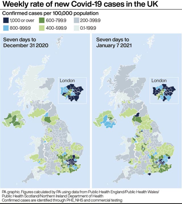Weekly rate of new Covid-19 cases in the UK