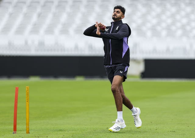 Shoaib Bashir prepares to bowl during an England nets session at Lord's on Tuesday