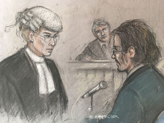 Court artist sketch of Johnny Depp being questioned by Sasha Wass QC at the High Court in London 