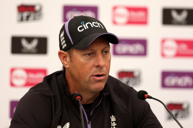 England interim coach Marcus Trescothick speaks during a press conference