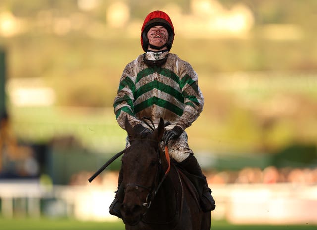 Danny Gilligan looks to the sky after winning the Martin Pipe 