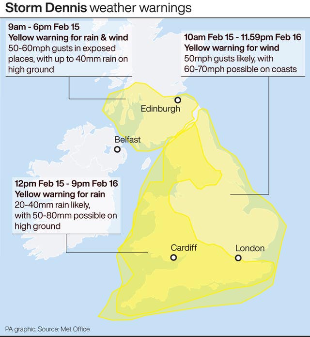 Storm Dennis weather warnings