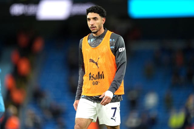 Omar Marmus of Manchester City warmed up before the Premier League match at Etihad Stadium