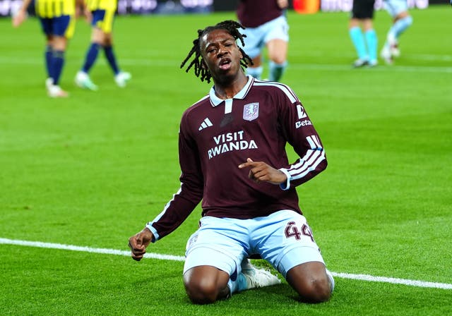 Aston Villa’s Johan Manzambi celebrates his goal