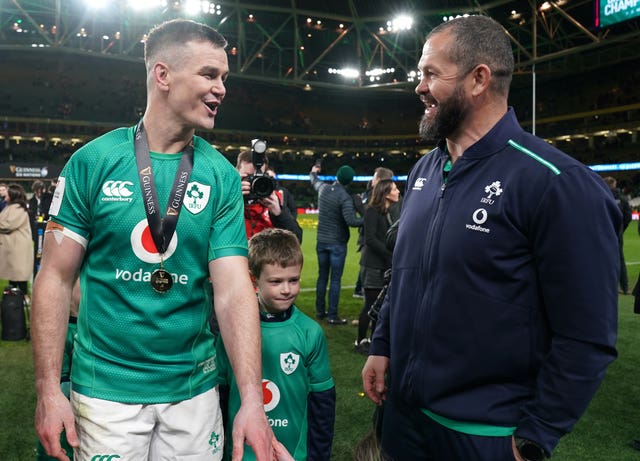 Johnny Sexton, left, and Andy Farrell celebrate winning the 2023 Guinness Six Nations