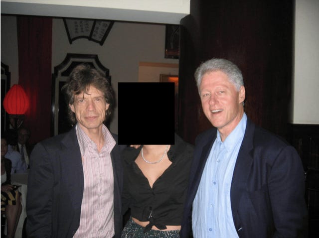 Sir Mick Jagger with Bill Clinton and a woman whose identity has been redacted