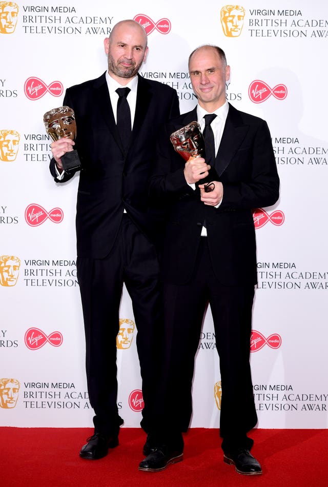 Tony Roche and Jesse Armstrong after winning Bafta awards