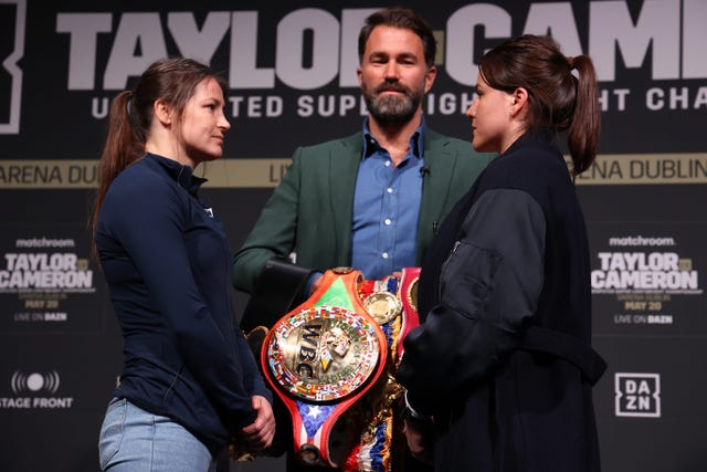Katie Taylor, left, is stepping up to challenge undisputed world light-welterweight champion Chantelle Cameron (Damien Eagers/PA)