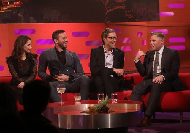 (left to right) Felicity Jones, Armie Hammer, Stephen Merchant, and Rob Beckett filming The Graham Norton Show 