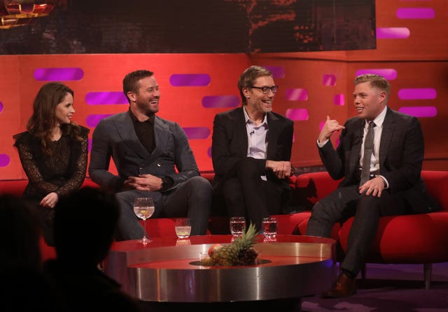 (left to right) Felicity Jones, Armie Hammer, Stephen Merchant, and Rob Beckett filming The Graham Norton Show 