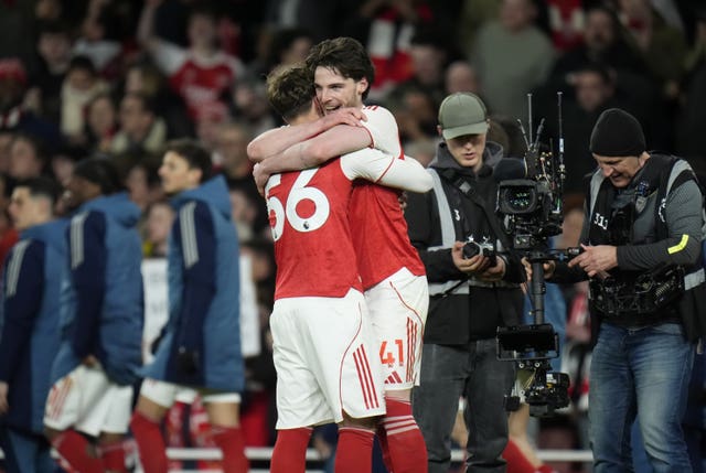 Max Dowman, left, celebrates with Declan Rice
