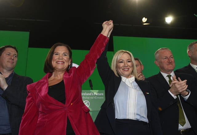 Sinn Fein president Mary Lou McDonald (left) and vice president Michelle O’Neill (centre) during the party’s Ard Fheis