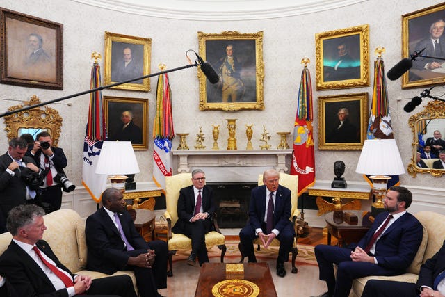 US President Donald Trump and US Vice President JD Vance meeting Prime Minister Sir Keir Starmer and UK Foreign Secretary David Lammy in the Oval Office