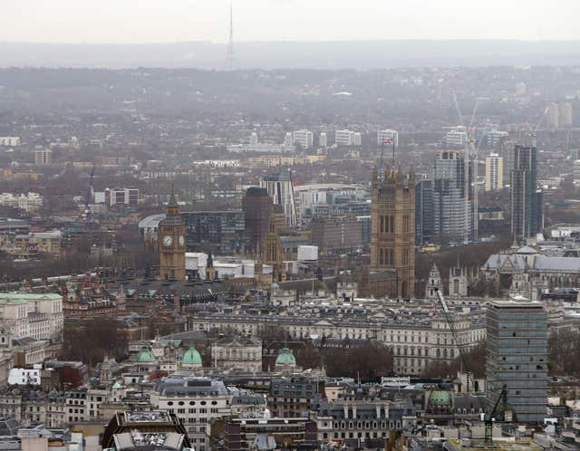 The Houses of Parliament and Whitehall from the BT Tower in central London