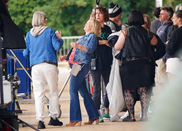 Joanna Page, who plays Stacey Shipman (second left), during filming for the Gavin And Stacey Christmas Day special at Barry in the Vale of Glamorgan, Wales