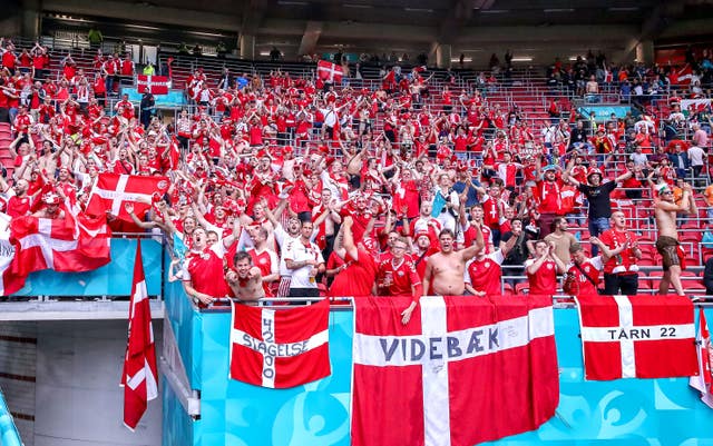 Denmark fans celebrate their victory against Wales 