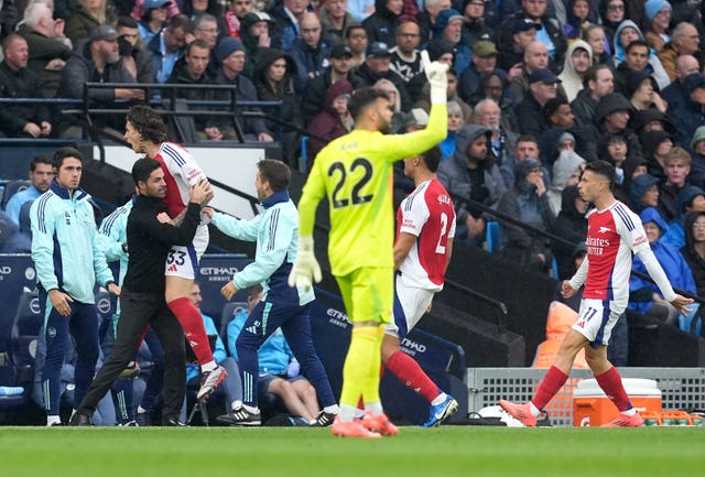 Arsenal’s Riccardo Calafiori celebrates scoring their side’s first goal 