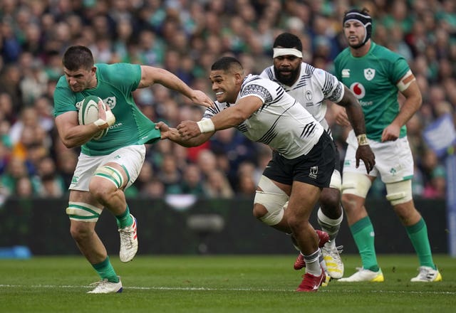 Nick Timoney, left, claimed two of Ireland's five tries