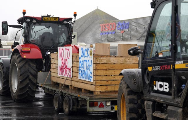 Farmers using their vehicles during a protest against cheap meat imports in Whitfield near Dover earlier this month (Andrew Matthews/PA)