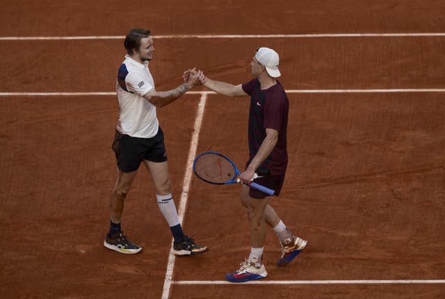 Jakc Draper and Alexander Bublik shake hands at the net at the French Open